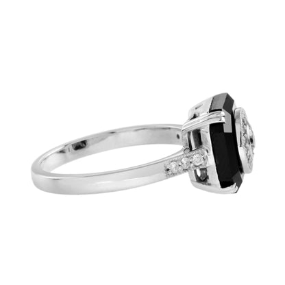 Diamond &amp; Black Octagon Onyx Art Deco Style Halo Unique 14K White Gold Ring