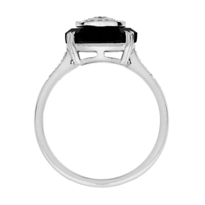 Diamond &amp; Black Octagon Onyx Art Deco Style Halo Unique 14K White Gold Ring