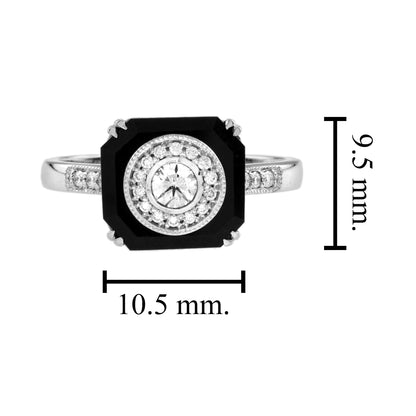 Diamond &amp; Black Octagon Onyx Art Deco Style Halo Unique 14K White Gold Ring
