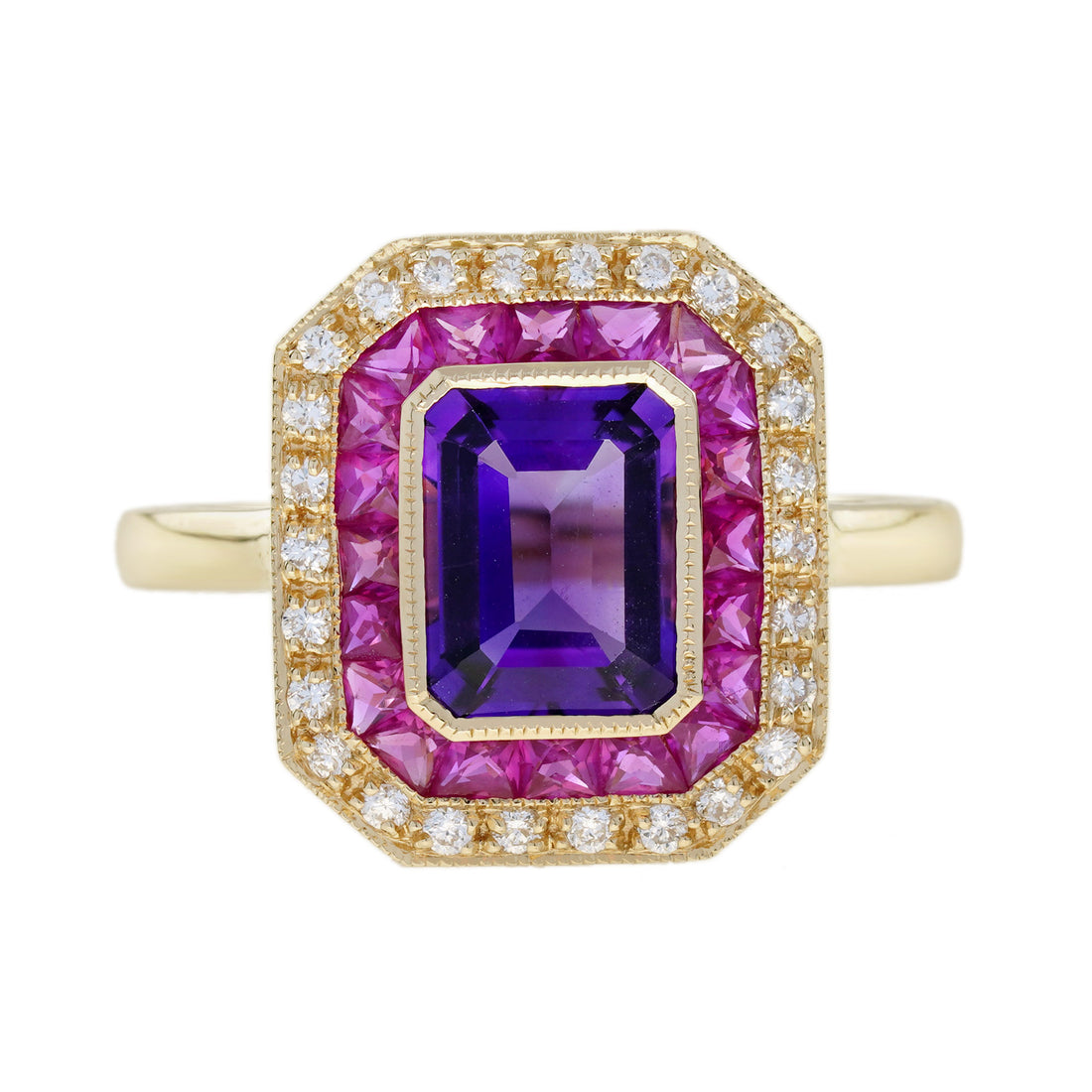 Purple Violet Amethyst & Ruby and Diamond Halo Set Art Deco Style Gold Ring