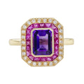 Purple Violet Amethyst & Ruby and Diamond Halo Set Art Deco Style Gold Ring
