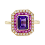 Purple Violet Amethyst & Ruby and Diamond Halo Set Art Deco Style Gold Ring