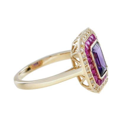 Purple Violet Amethyst & Ruby and Diamond Halo Set Art Deco Style Gold Ring