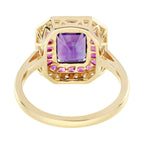 Purple Violet Amethyst & Ruby and Diamond Halo Set Art Deco Style Gold Ring