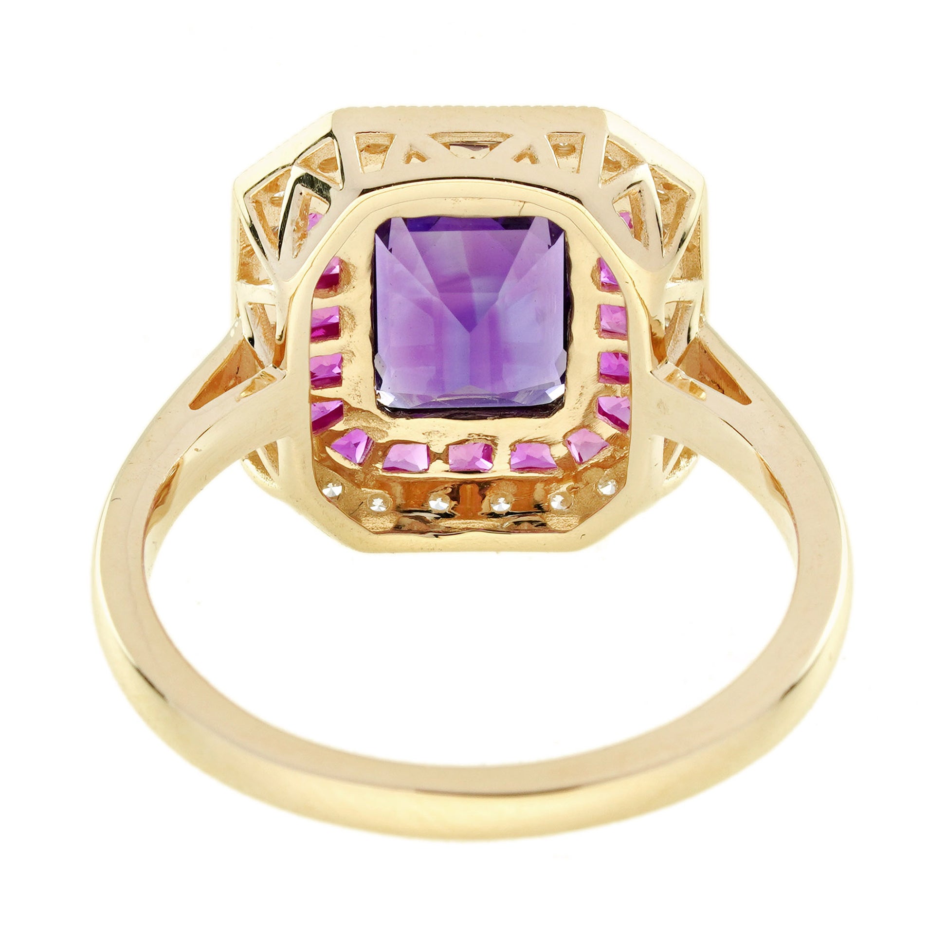 Purple Violet Amethyst & Ruby and Diamond Halo Set Art Deco Style Gold Ring