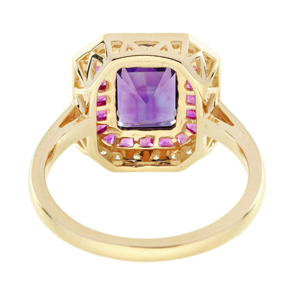 Purple Violet Amethyst & Ruby and Diamond Halo Set Art Deco Style Gold Ring