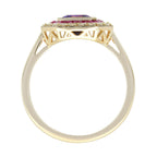 Purple Violet Amethyst & Ruby and Diamond Halo Set Art Deco Style Gold Ring
