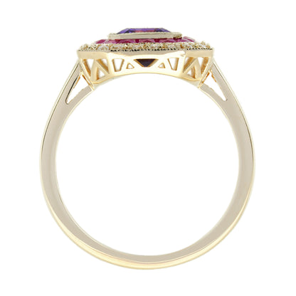 Purple Violet Amethyst & Ruby and Diamond Halo Set Art Deco Style Gold Ring