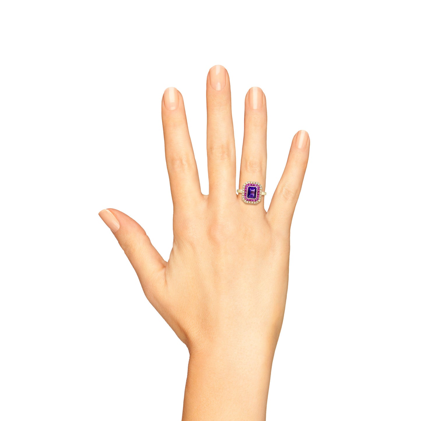 purple violet amethyst & ruby and diamond halo set art deco style gold ring