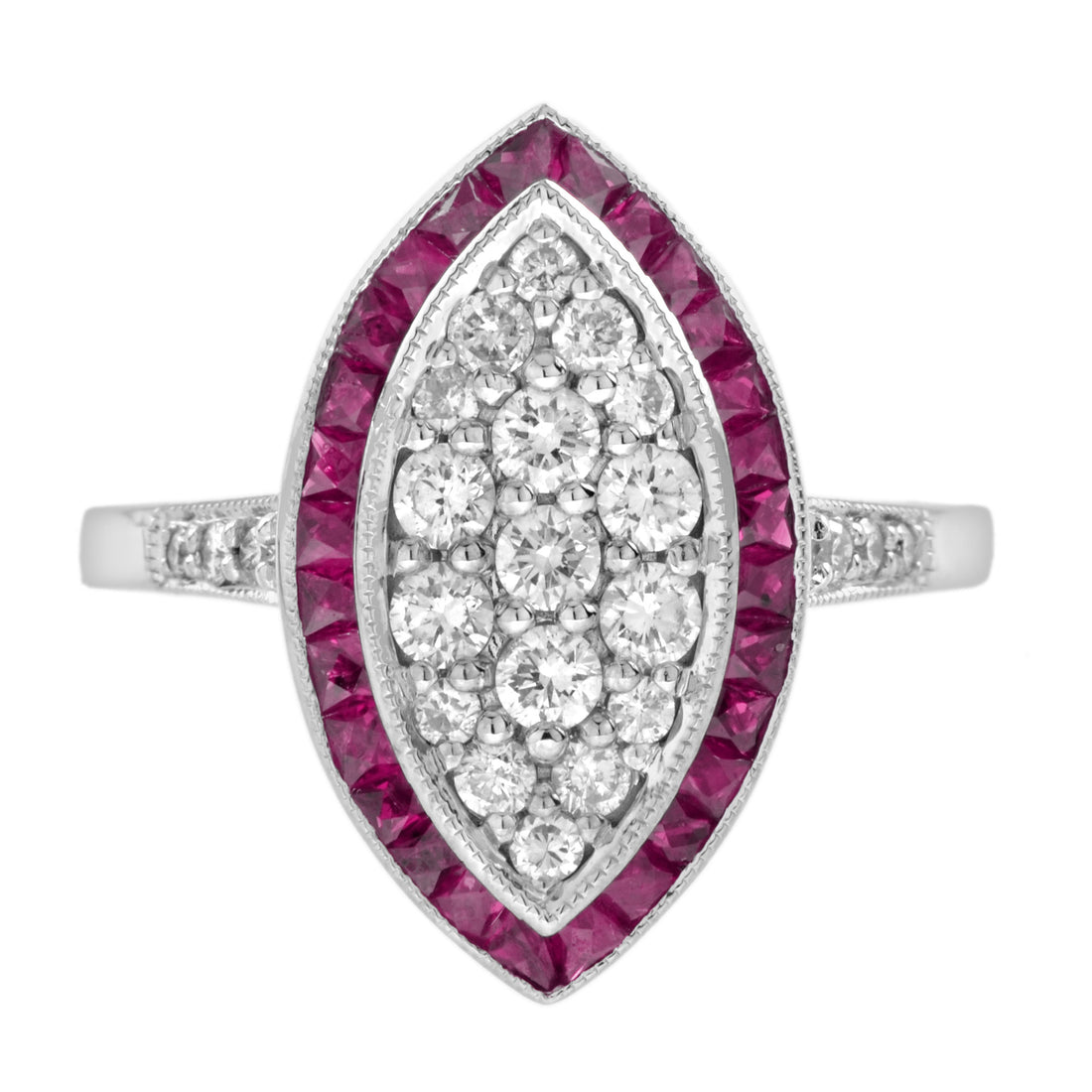 Diamond Cluster &amp; Red Pink Ruby Art Deco Style 14K White Gold Ring