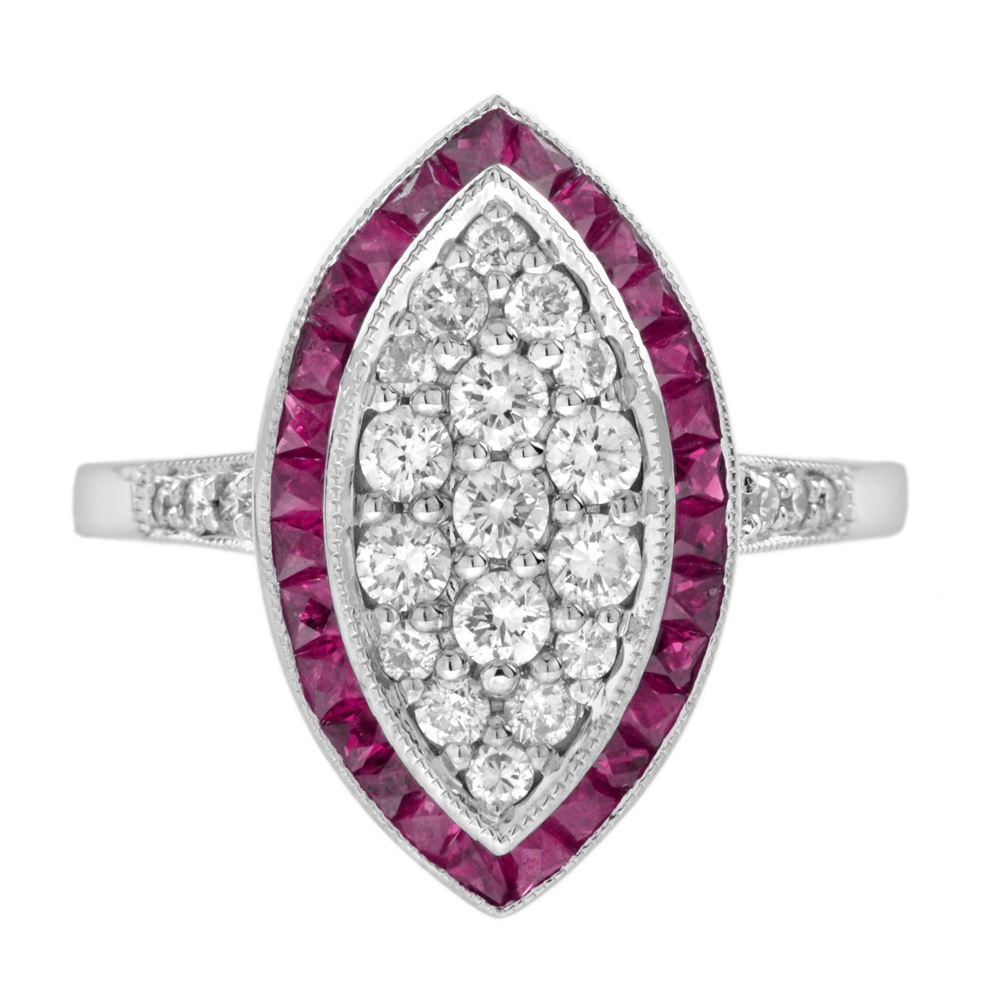 diamond cluster & red pink ruby art deco style 14k white gold ring