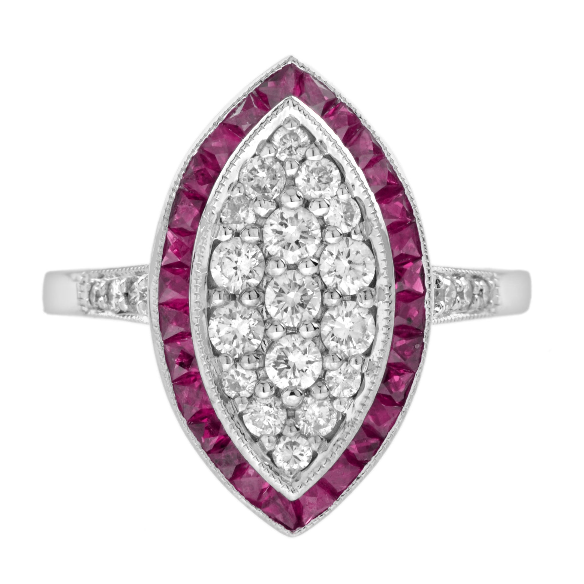 Diamond Cluster & Red Pink Ruby Art Deco Style 14K White Gold Ring
