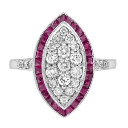 Diamond Cluster & Red Pink Ruby Art Deco Style 14K White Gold Ring