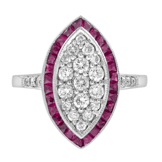 Diamond Cluster & Red Pink Ruby Art Deco Style 14K White Gold Ring
