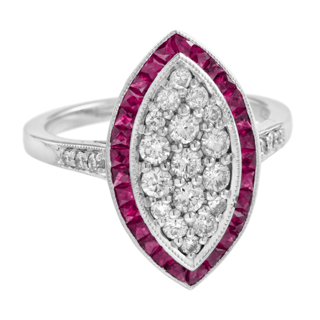 Diamond Cluster &amp; Red Pink Ruby Art Deco Style 14K White Gold Ring