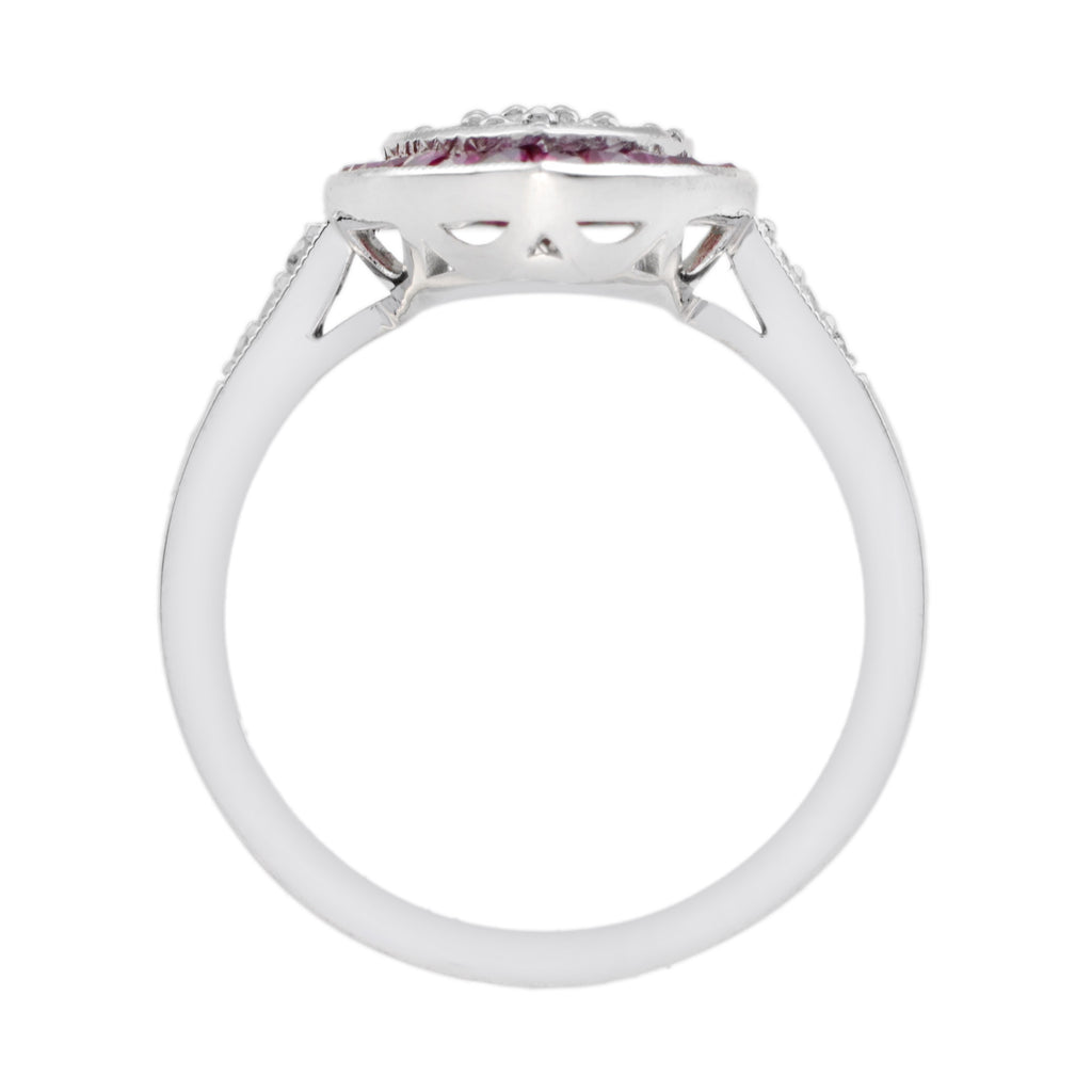 Diamond Cluster & Red Pink Ruby Art Deco Style 14K White Gold Ring