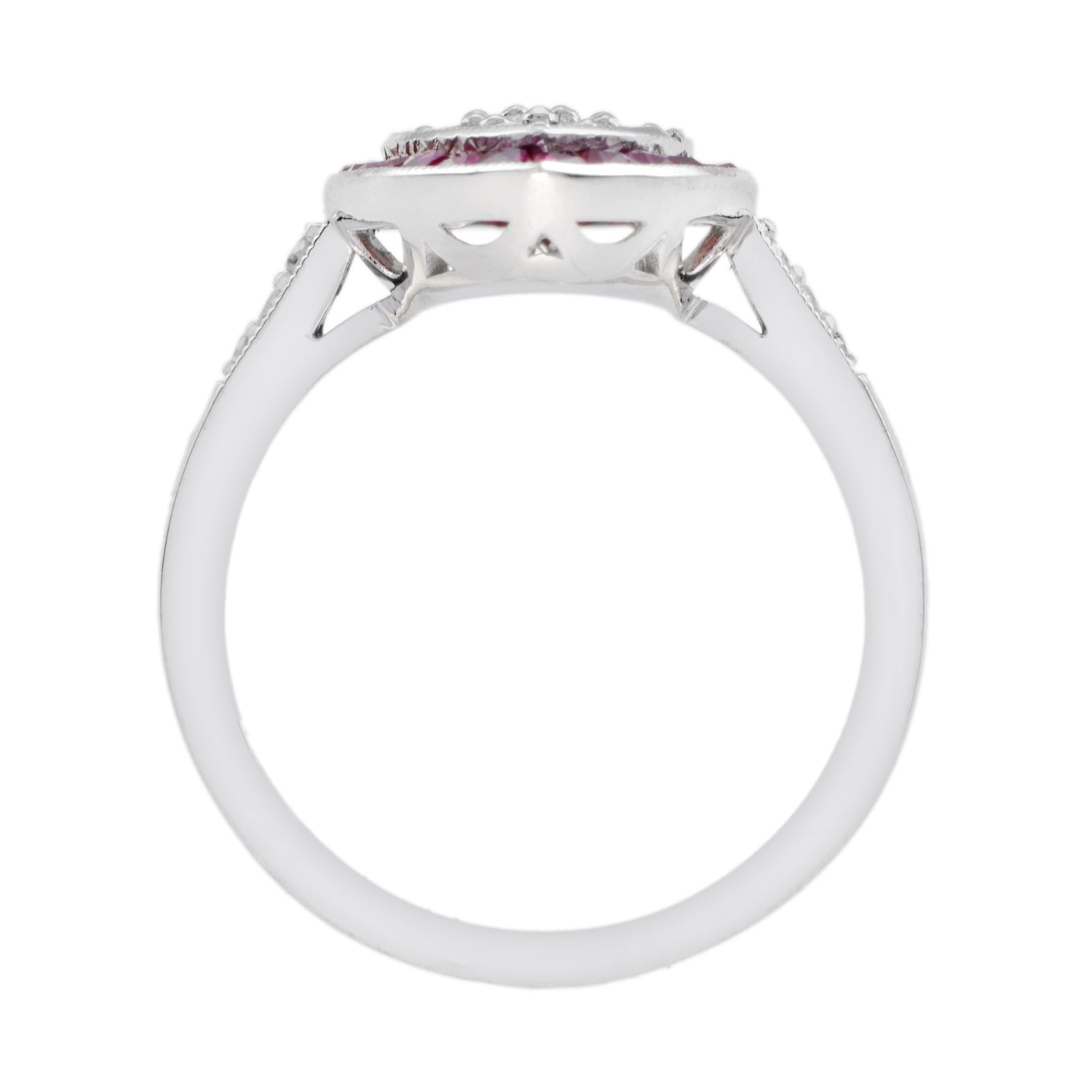 Diamond Cluster &amp; Red Pink Ruby Art Deco Style 14K White Gold Ring