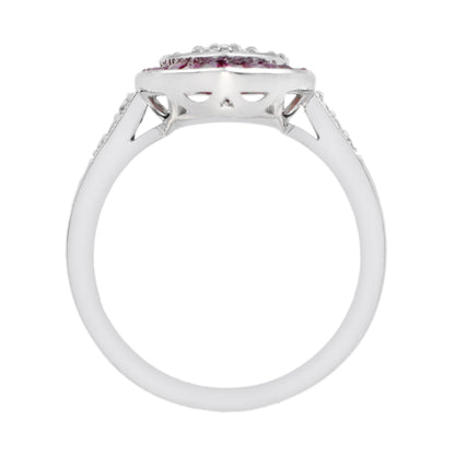 Diamond Cluster & Red Pink Ruby Art Deco Style 14K White Gold Ring