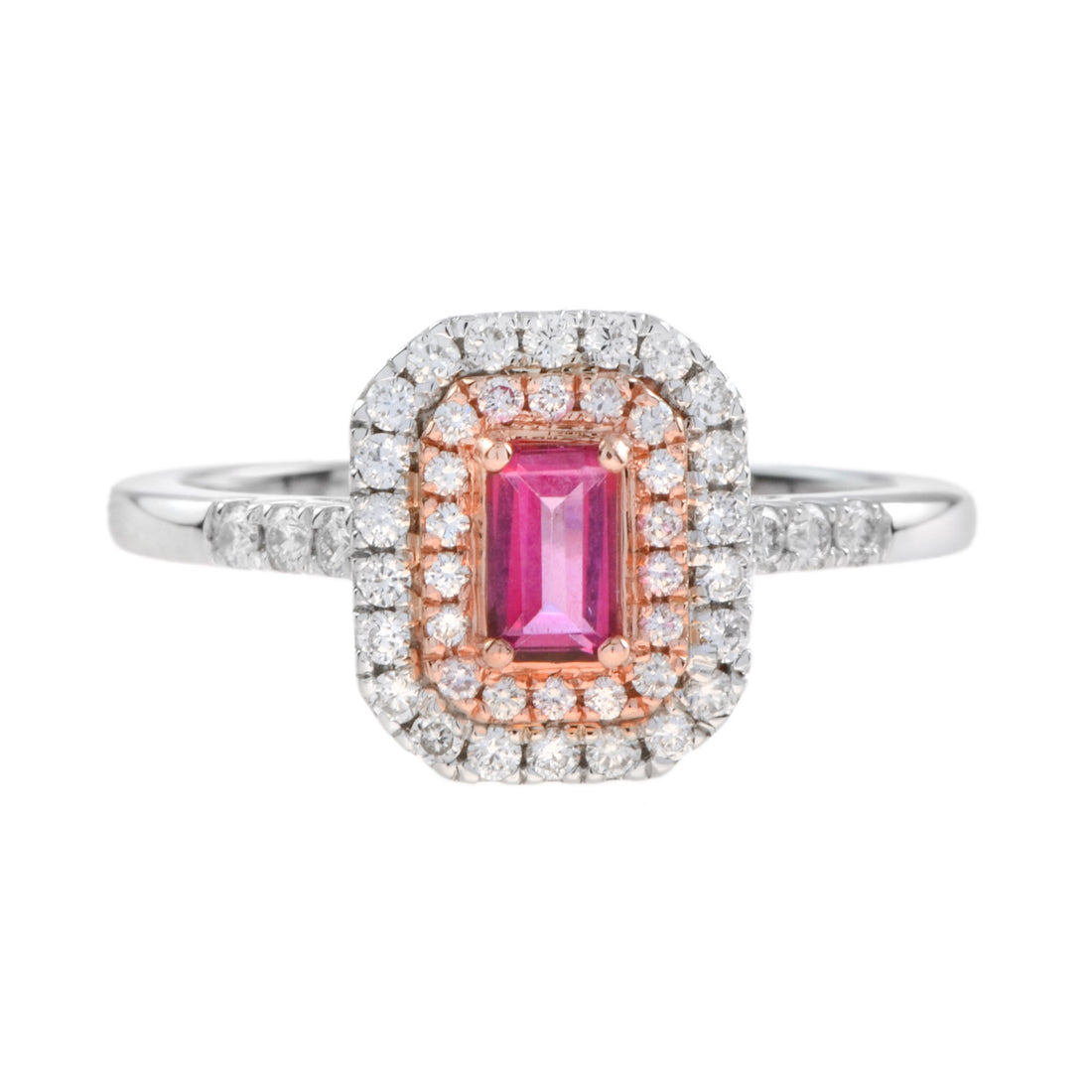Octagon Pink Sapphire & Diamond Double Halo Set Engagement 14K White Gold Ring