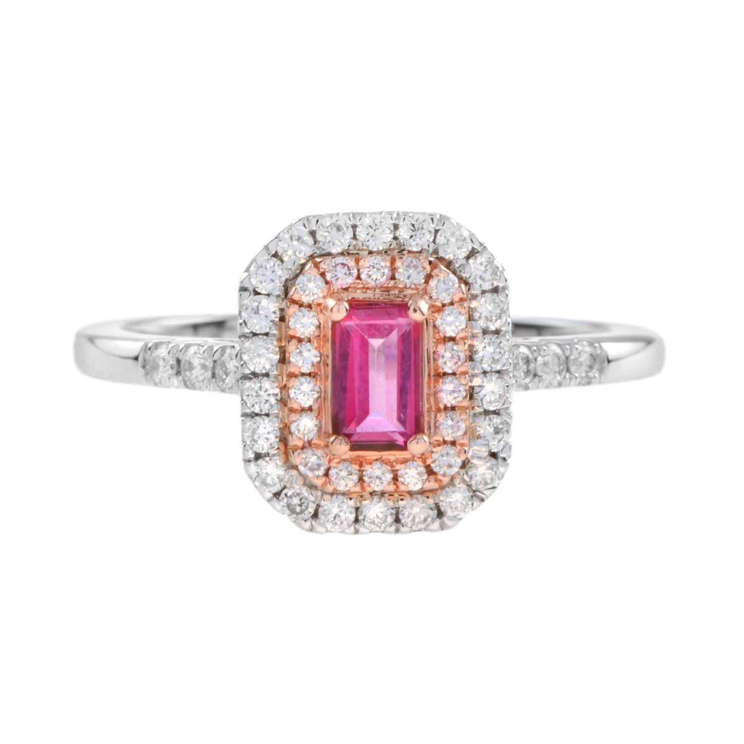 Octagon Pink Sapphire &amp; Diamond Double Halo Set Engagement 14K White Gold Ring