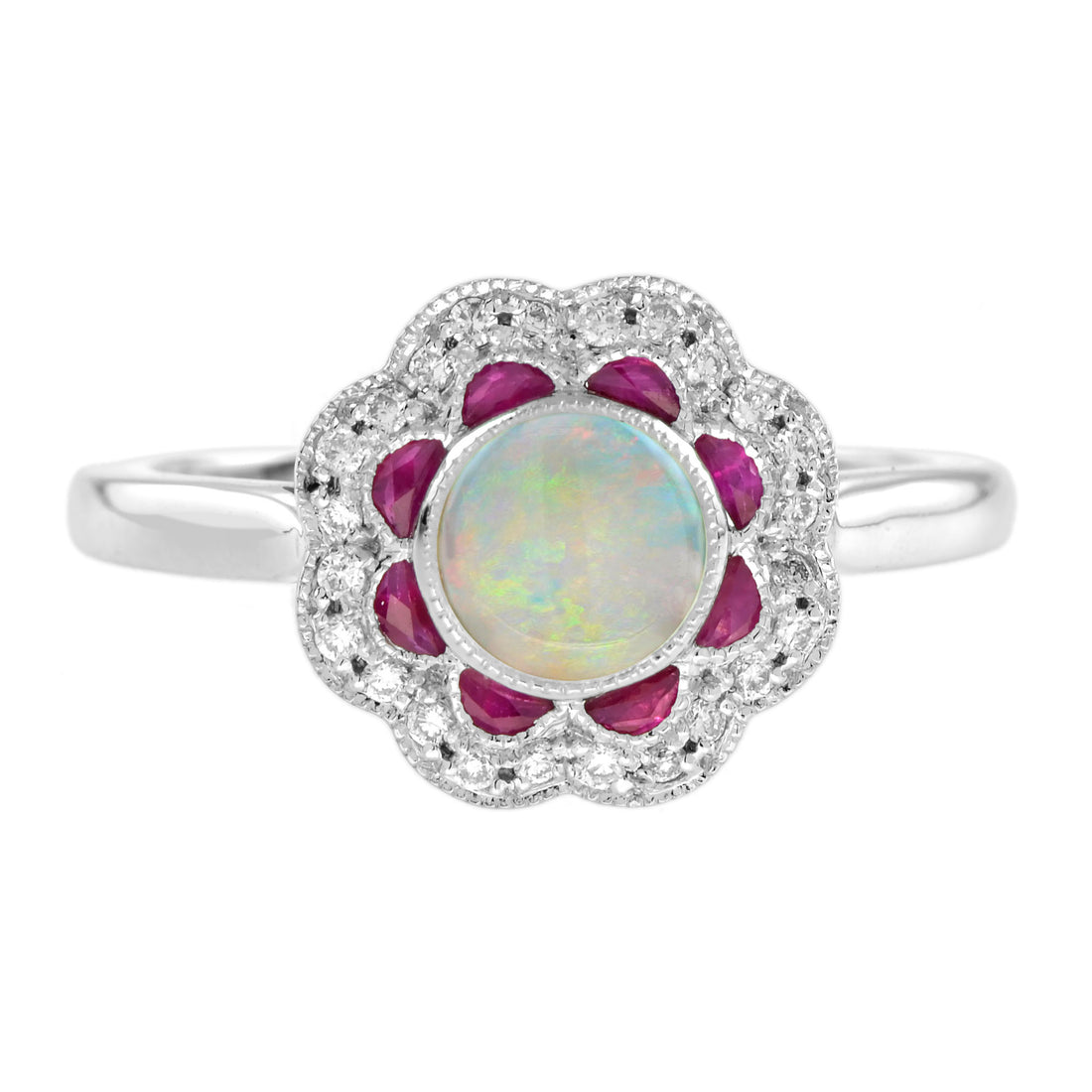 Round Ruby Diamond Art Deco Style Halo Set 14K White Gold Ring