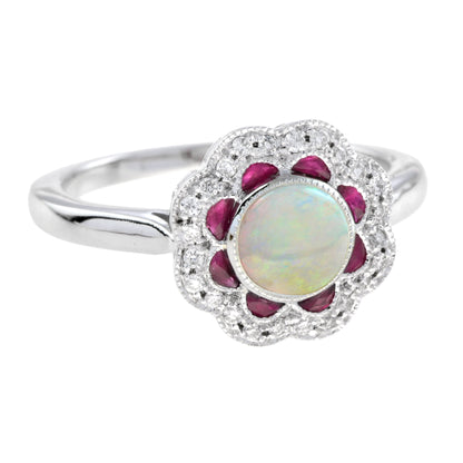 Round Ruby Diamond Art Deco Style Halo Set 14K White Gold Ring
