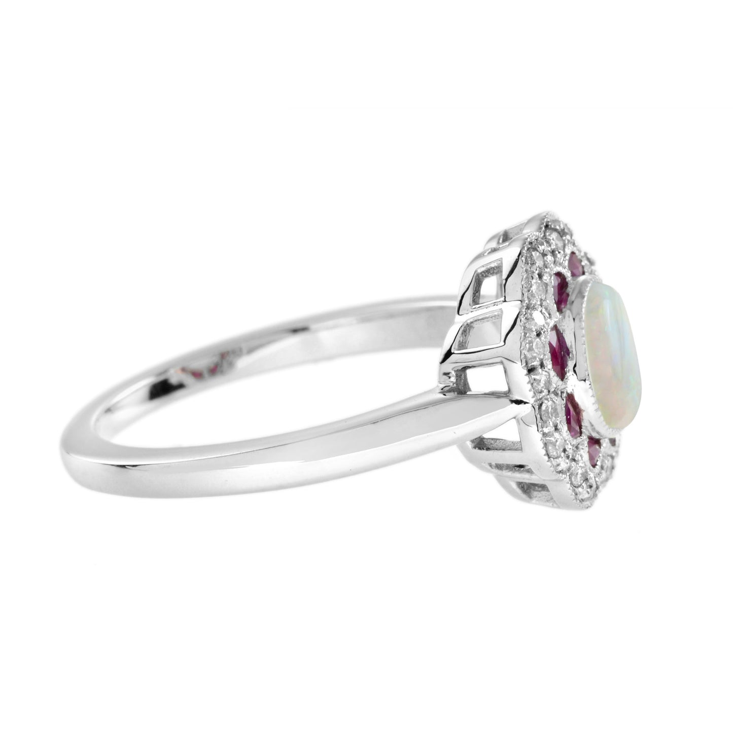 round ruby diamond art deco style halo set 14k white gold ring