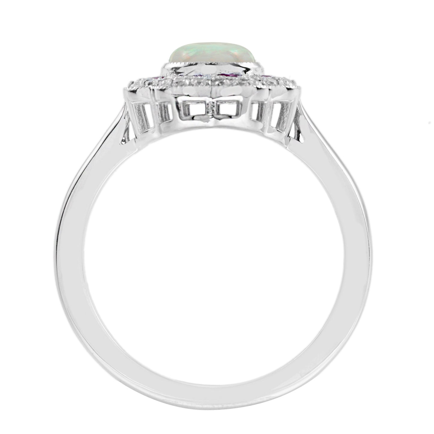 round ruby diamond art deco style halo set 14k white gold ring
