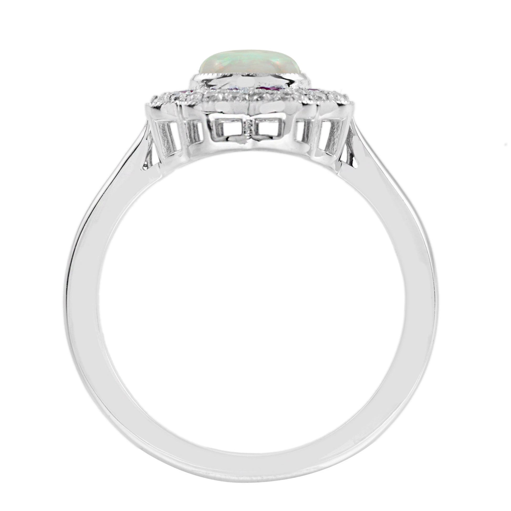 Round Ruby Diamond Art Deco Style Halo Set 14K White Gold Ring