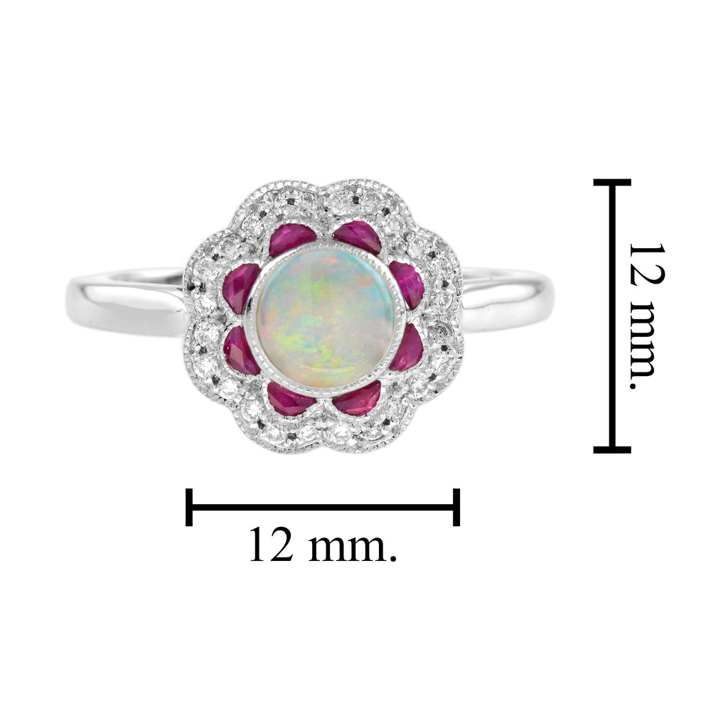 2.30 Ctw Art Deco Style Ruby & Opal Diamond 14K White Gold Ring