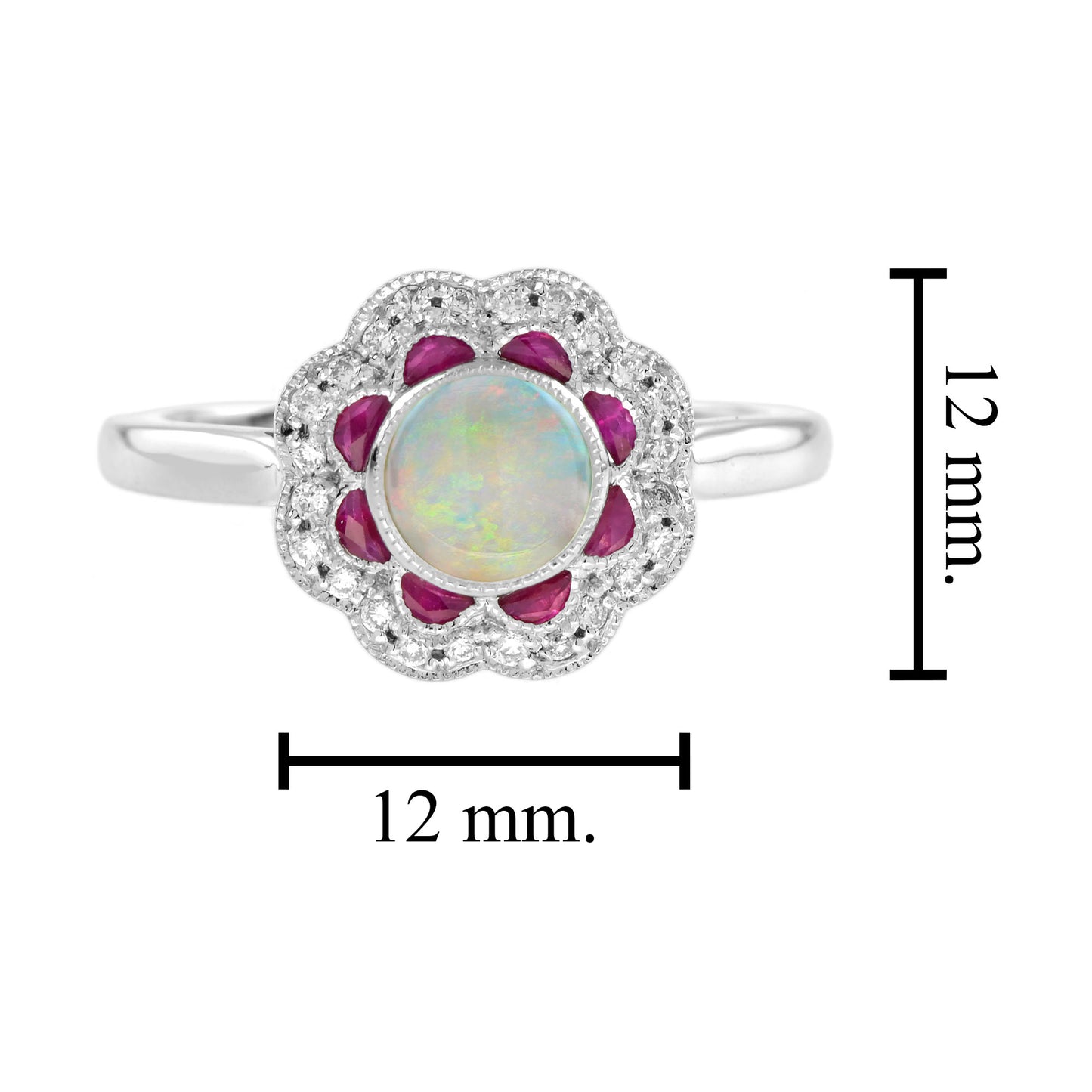 round ruby diamond art deco style halo set 14k white gold ring