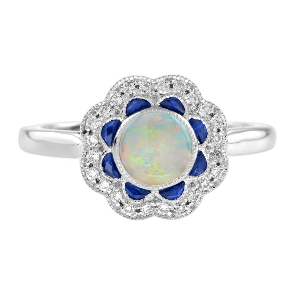 Round Opal & Sapphire Diamond Halo Set Art Deco Style Statement White Gold Ring