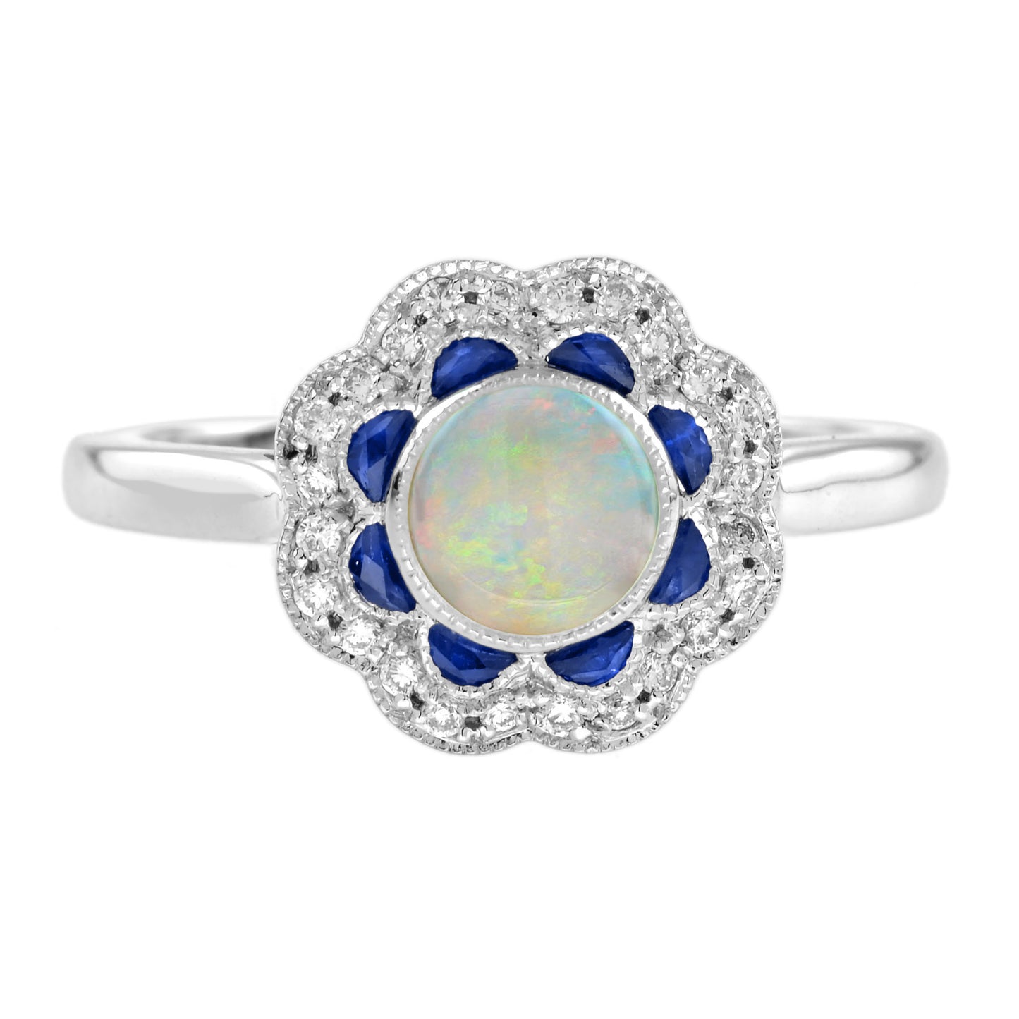 round opal & sapphire diamond halo set art deco style statement white gold ring