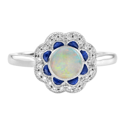 Round Opal & Sapphire Diamond Halo Set Art Deco Style Statement White Gold Ring