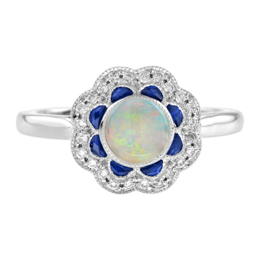 Round Opal & Sapphire Diamond Halo Set Art Deco Style Statement White Gold Ring