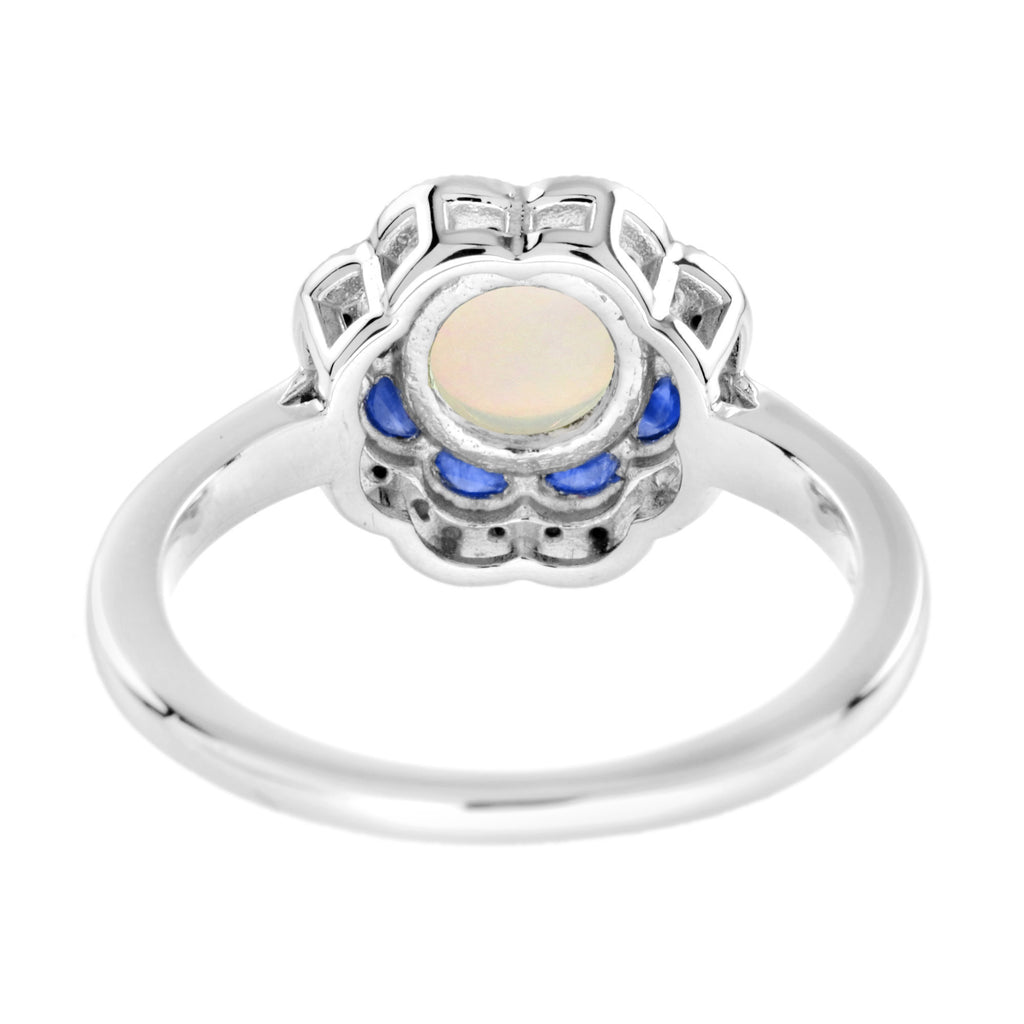 Round Opal & Sapphire Diamond Halo Set Art Deco Style Statement White Gold Ring