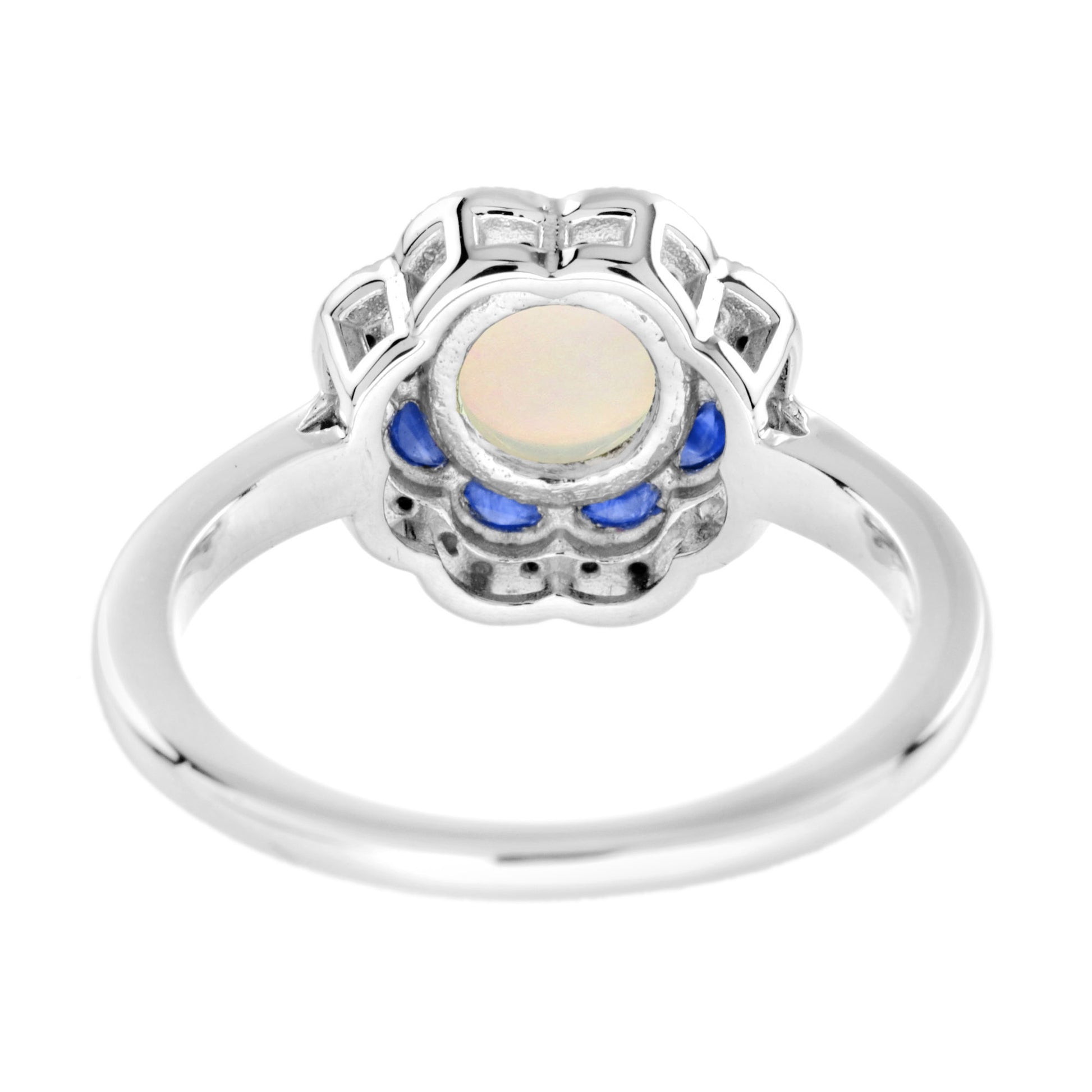 Round Opal & Sapphire Diamond Halo Set Art Deco Style Statement White Gold Ring