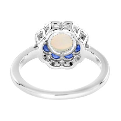 Round Opal & Sapphire Diamond Halo Set Art Deco Style Statement White Gold Ring