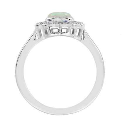 Round Opal & Sapphire Diamond Halo Set Art Deco Style Statement White Gold Ring