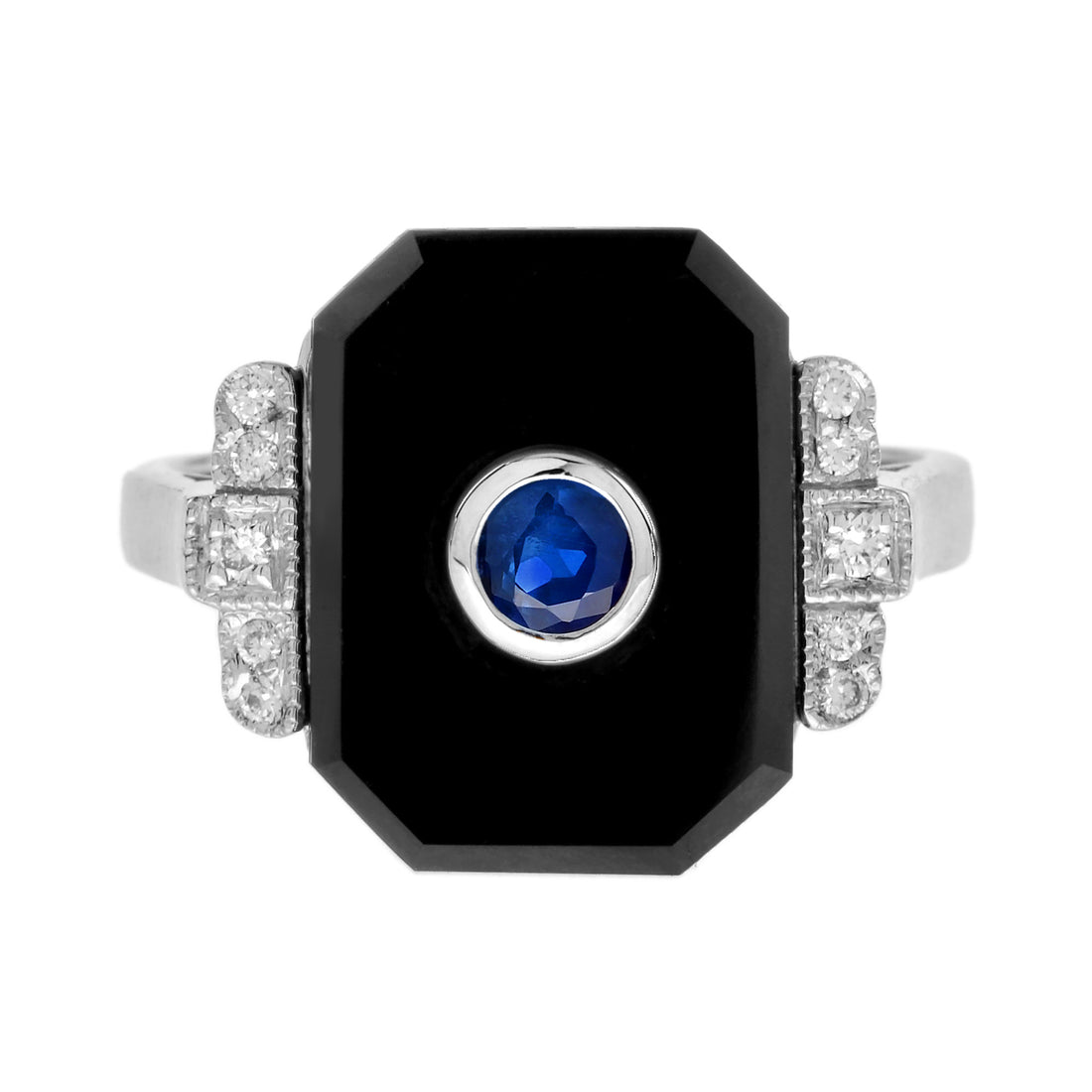 Blue Ceylon Round Sapphire &amp; Diamond Black Onyx Art Deco Style White Gold Ring