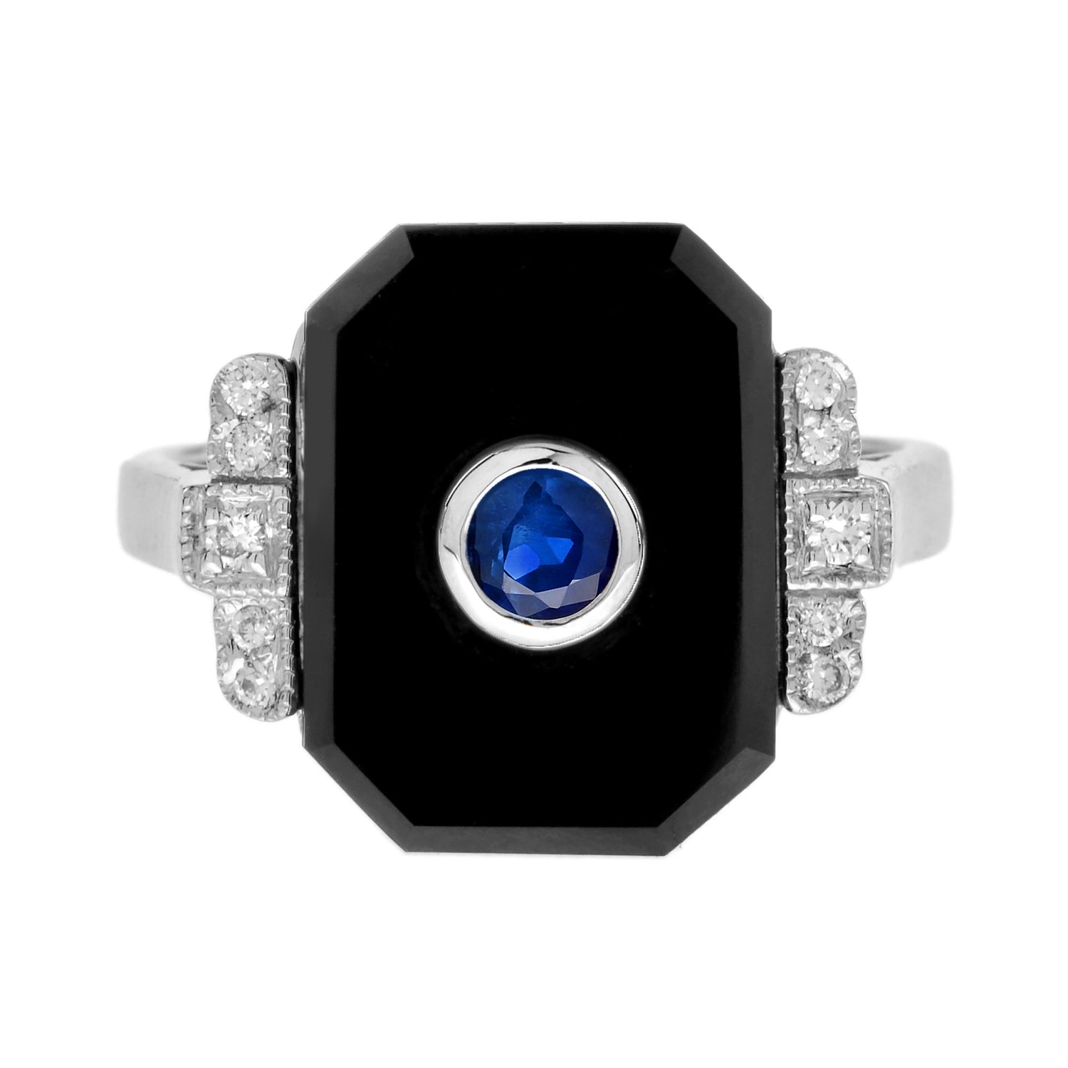Blue Ceylon Round Sapphire &amp; Diamond Black Onyx Art Deco Style White Gold Ring