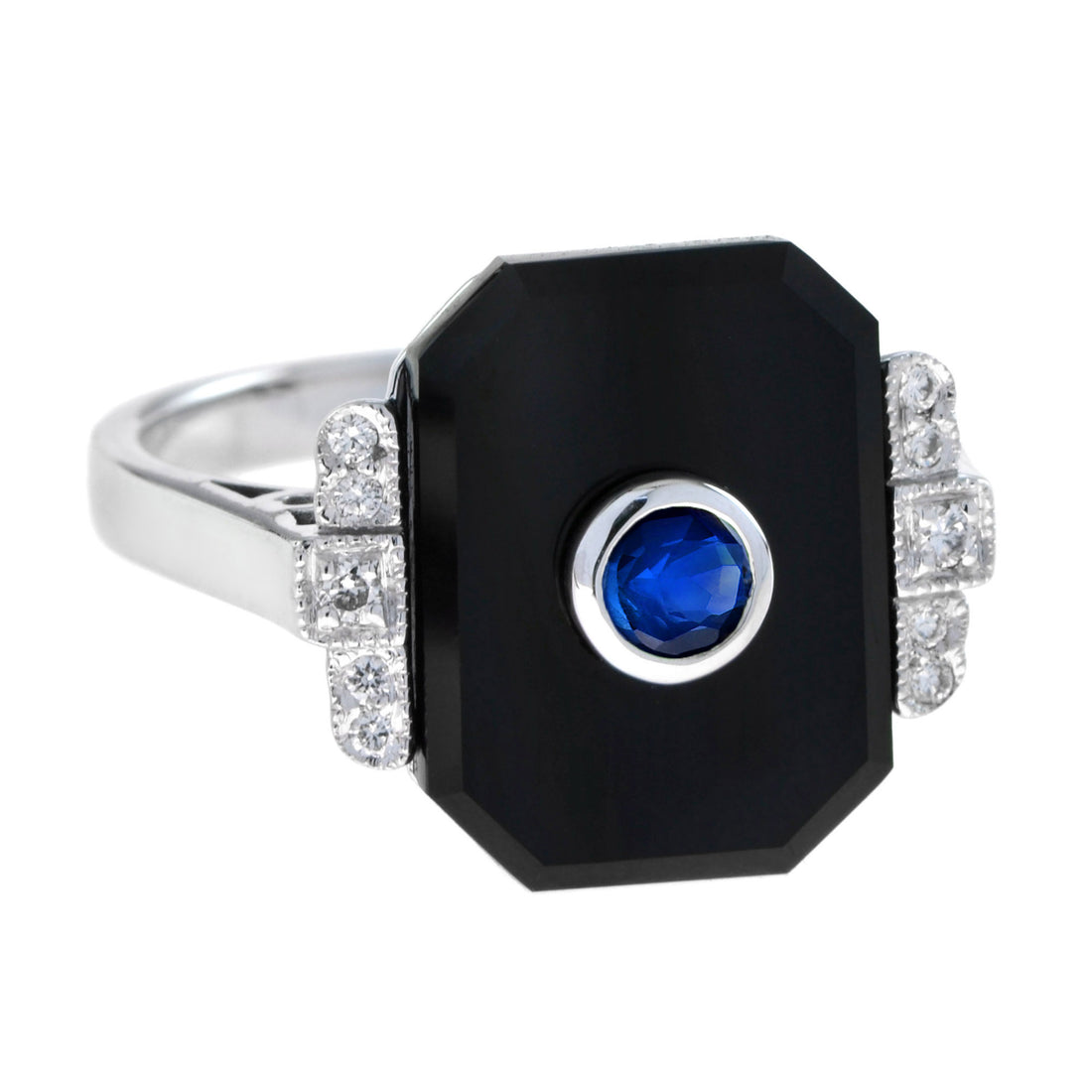 Blue Ceylon Round Sapphire & Diamond Black Onyx Art Deco Style White Gold Ring