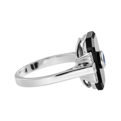 Blue Ceylon Round Sapphire &amp; Diamond Black Onyx Art Deco Style White Gold Ring