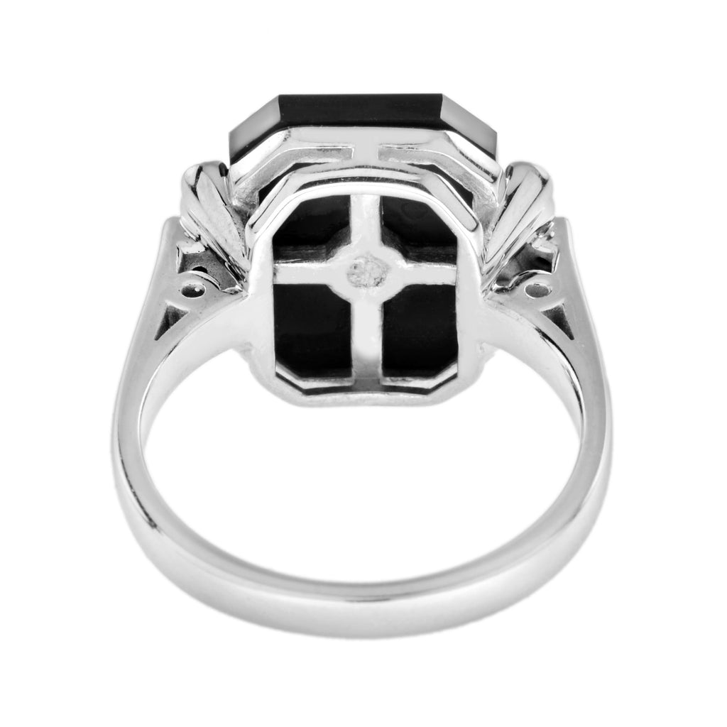 Blue Ceylon Round Sapphire & Diamond Black Onyx Art Deco Style White Gold Ring