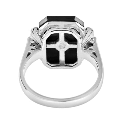 Blue Ceylon Round Sapphire &amp; Diamond Black Onyx Art Deco Style White Gold Ring