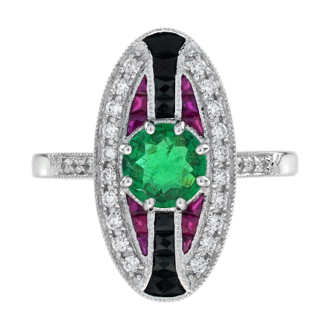 Emerald & Ruby Onyx Vintage Inspired Art Deco Style 18K White Gold Ring