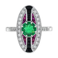 Emerald & Ruby Onyx Vintage Inspired Art Deco Style 18K White Gold Ring