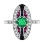 Emerald & Ruby Onyx Vintage Inspired Art Deco Style 18K White Gold Ring