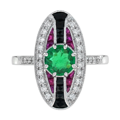Emerald & Ruby Onyx Vintage Inspired Art Deco Style 18K White Gold Ring