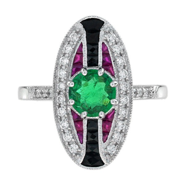 1.67 Ctw Art Deco Style Emerald, Ruby, Onyx & Diamond 18K White Gold Cocktail Ring